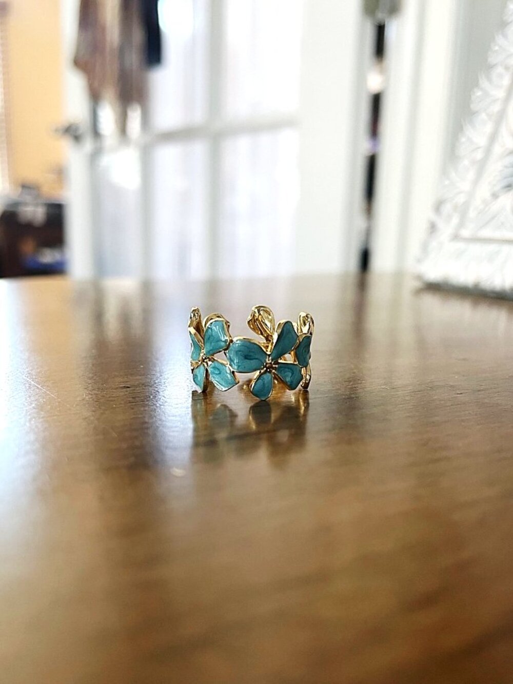 Adjustable Stainless Steel Gold Plated Flower Ring | Floral Open Band Drip Style
